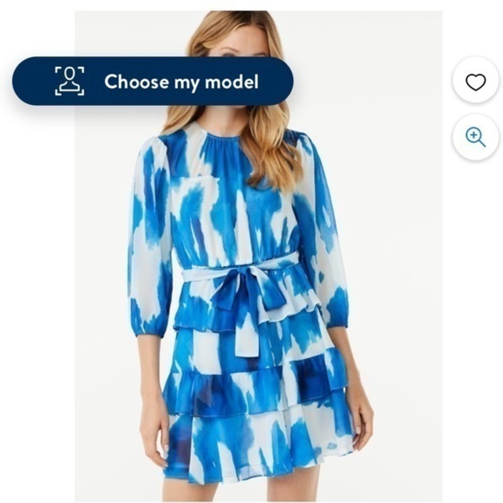 New Scoop Tiered Ruffle Chiffon Midi Dress Elbow sleeve Blue White Large 12-14